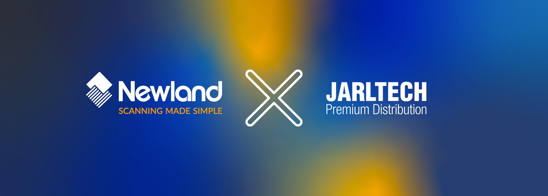 Newland   is excited to announce a new partnership with Pan-European distributor Jarltech. The image displays the logo of both companies with a blue yellow gradient as background.