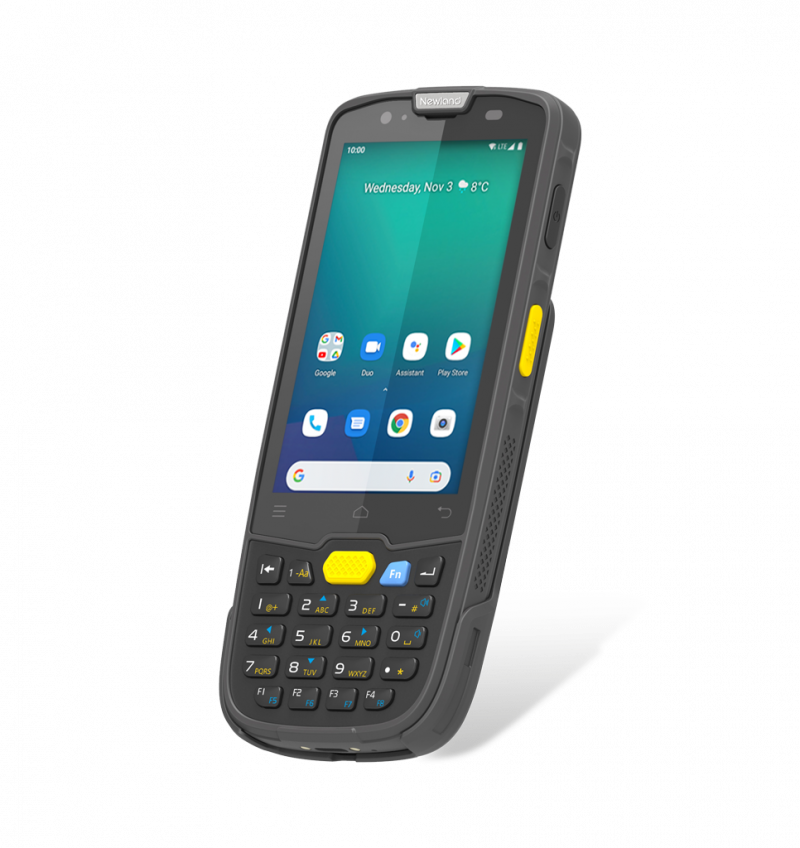 This image shows Mobile Computer Barcode Scanner Newland MT67 - Tilted View - Android Barcode Scanner